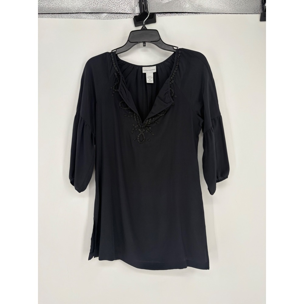 Soft Surroundings Tunic Women XS Black 100% Silk Beaded Split Neck Puff Sleeve